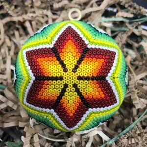 Mexican Huichol Hand Beaded Flower Christmas Sphere Ornament - Set of 6